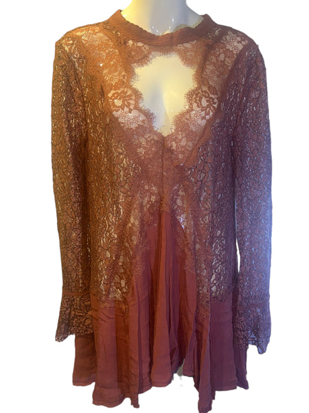 Free People Rose Pink Lace Embellished Sheer Tunic Top Size Large L