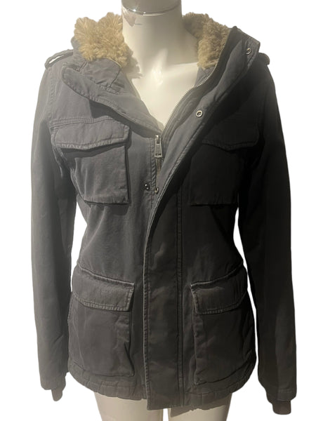 TNA Fur Lined Military Style Grey Winter Coat Size Medium M