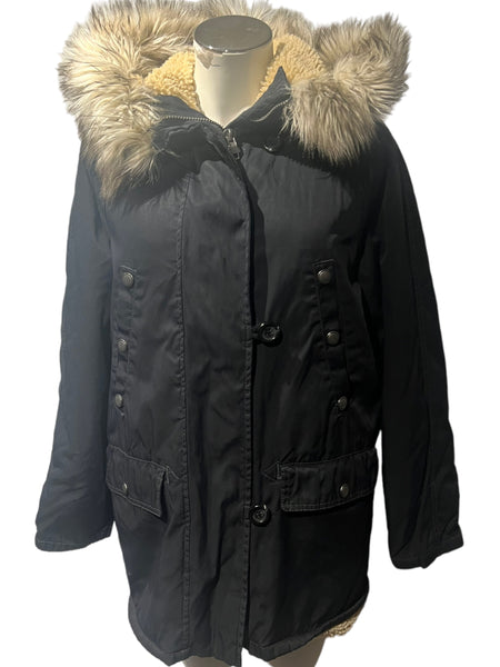 FREE PEOPLE $360 Gorgeous Black Satin-Like Whisper Parka with Fluffy Fur Trim Hood Size XS (Oversized, like a Medium)