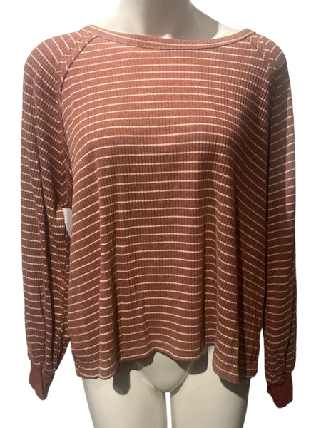 IN LOOM Rust Brown/White Striped Long Sleeve Knit Top Size Medium M