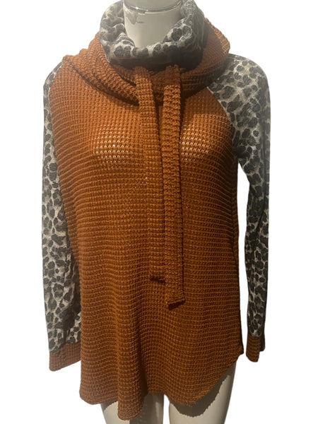 MY STORY Light, Layered Look Brown/Rust & Cheetah Print Long Sweater Size Medium M Approximately