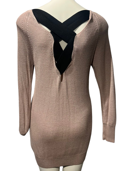 DYNAMITE Pale Pink & Black Criss Cross Tunic Length Knit Top/Light Sweater Size Small S