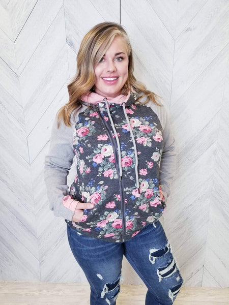 NWT DEMC CLOTHING $89.00 Grey & Pink Floral Offset Zip Hoodie Sweater {Multiple Sizes Available}