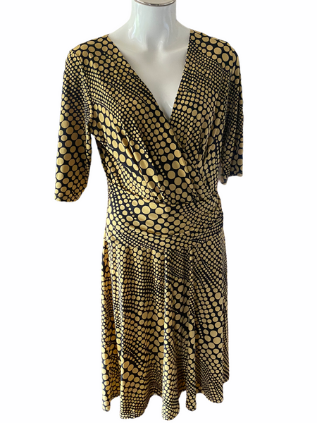 DONNA Dotted Pattern Yellow & Black Stretchy Short Sleeve Mid-Length Dress Size XL