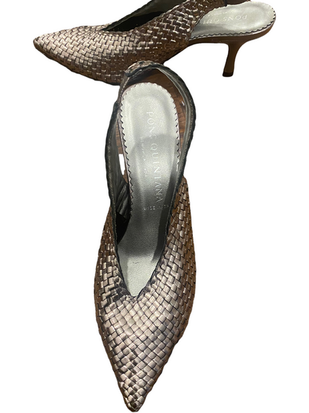 PONS QUINTANA $320.00 Hand Made Metallic Pewter Woven Slingback Heels Size 36 (6)