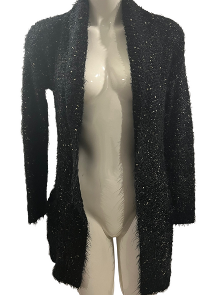 GUESS Black & Gold Sparkly Fuzzy Holiday Cardigan Sweater Size Small S