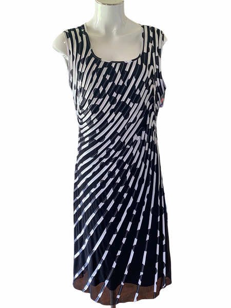 FRANK LYMAN Black & White Stripes & Swirls Formal Sleeveless Stretch Dress Size 16