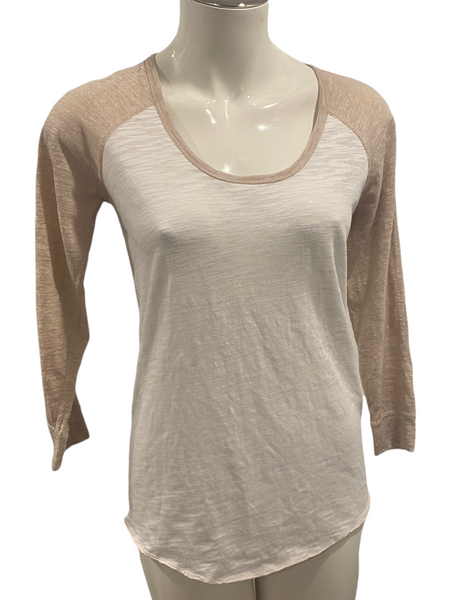 WILFRED FREE Tan & White Burnout Varsity Style Top Size XS (Fits a small)