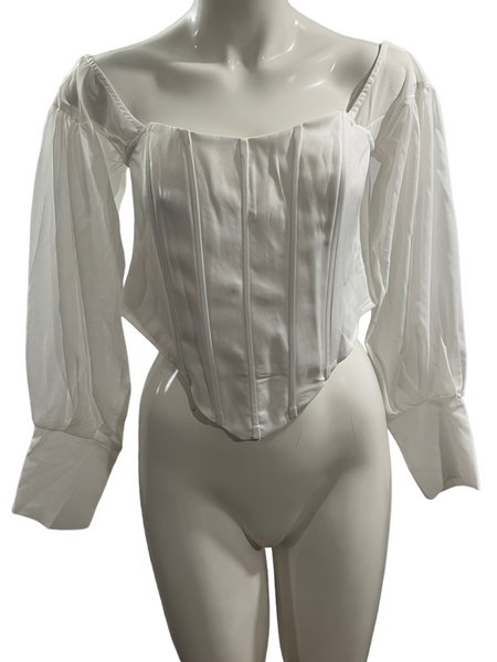 PRETTY LITTLE THING NWT White Bardot Style Sheer Sleeve Corset Top Size 14UK (Medium)