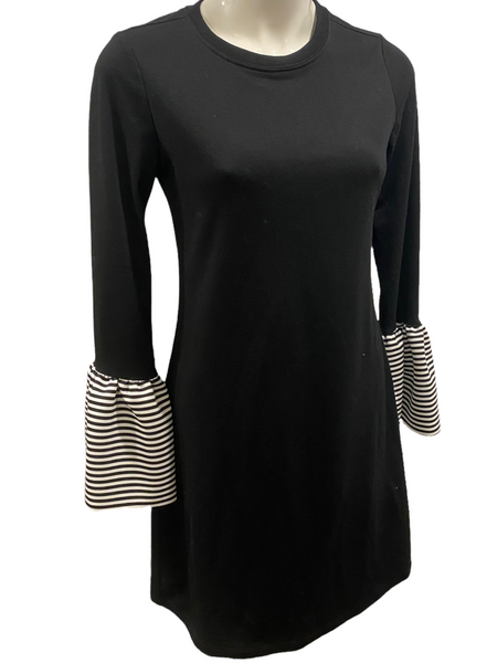 BEACHLUNCHLOUNGE COLLECTION $90.00 Black Knit LS Dress with Striped Bell Sleeves Size XS (Fits a small)