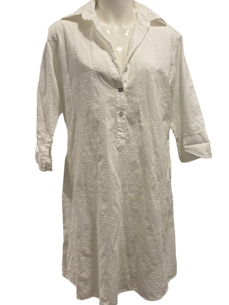 BLUEBERRY ITALIA $150.00 100% Cotton Embroidered White Collared Midi Dress Size Small (Fits bigger)