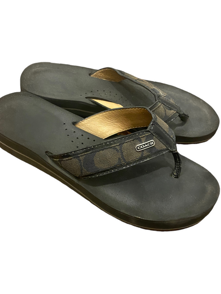 COACH $98.00 Jaye Brown & Black Logo Print Thong Sandals Size 7B (37)