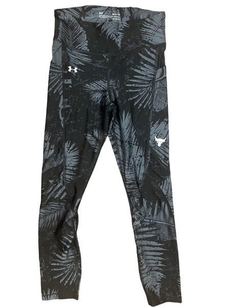 UNDER ARMOUR PROJECT ROCK $65.00 Heat-Gear Mid-Waist Black & Grey Leaf Pattern 7/8 Athletic Tights Size Small S