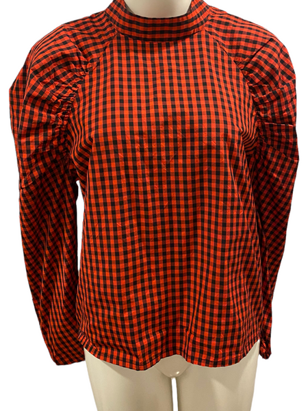 H&M Red & Black Checkered Ruffle Sleeve Blouse with Clasp Neck Size Large L