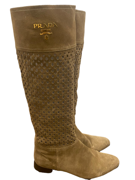 PRADA Beige Suede Leather Pull On Laser Cut Boots Size 36 (6)