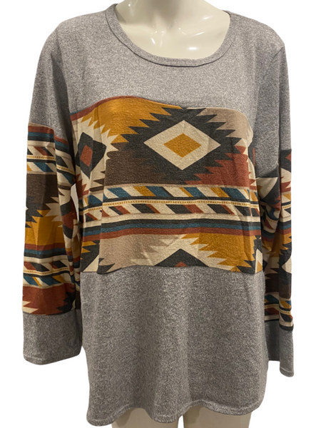 HEIMISH USA Grey & Aztec Long Sleeve Knit Sweater Top Size 3XL