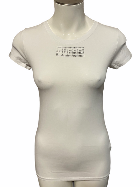 GUESS White Stretchy Longer Fit Tee with Rhinestone Lettering Size XS (will fit a small)