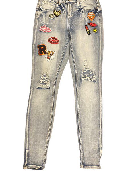 INDIGO REIN $70.00 Mid-Rise Distressed Patchwork Bleach Wash Denim Skinny Jeans Size 9