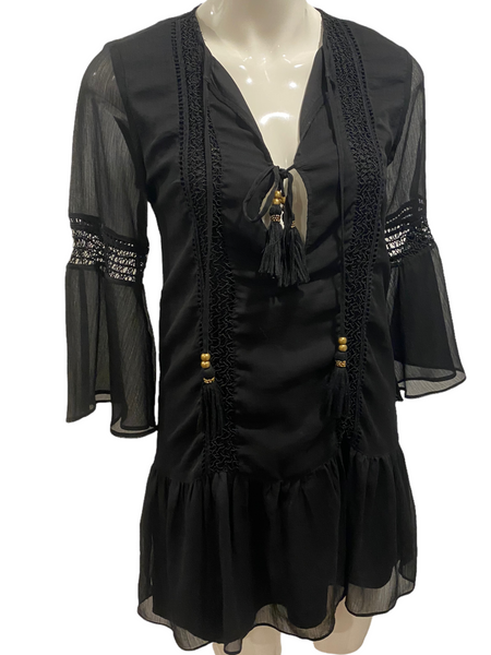 ALE BY ALESSANDRA $200.00 Black Boho Style Tunic Top with Flare Sleeves Size XS (Fits a small)