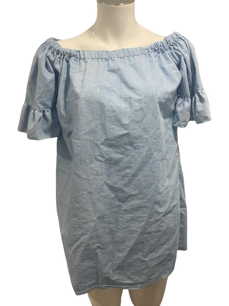 SEE YOU MONDAY Light Blue Cotton "Denim Look" Off The Shoulder SS Ruffle Top Size Large L