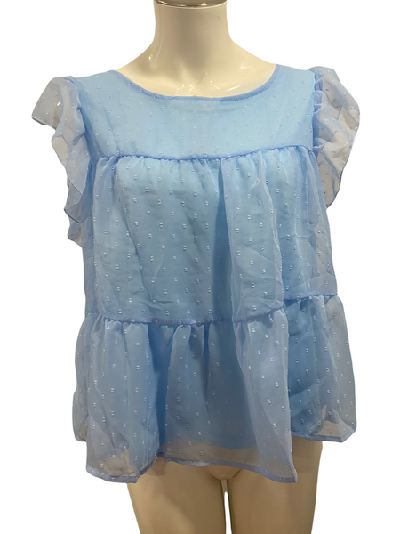 SHEIN Blue Hip Length Ruffle Top with Flutter Sleeves Size Large L