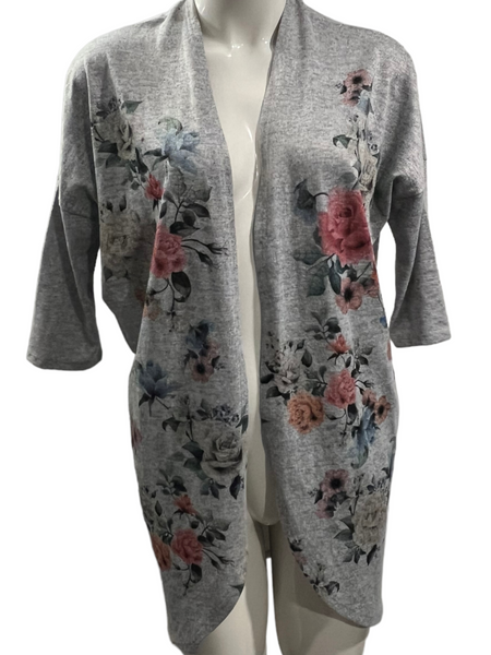 LIVE IN THE MOMENT Grey & Floral Soft Knit Cardigan Sweater Size Medium M