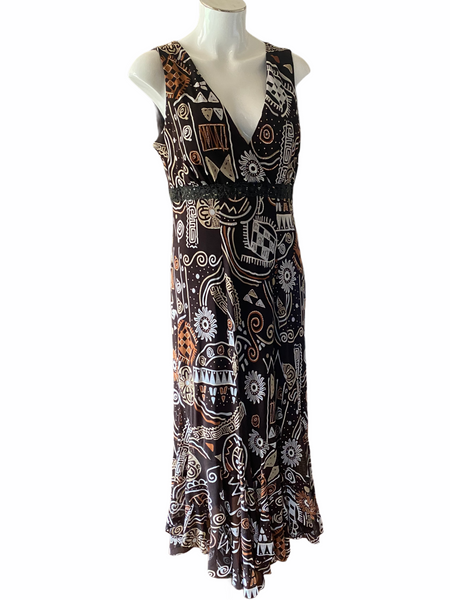 FRANK LYMAN Brown Patterned, Mesh Lined Stretchy Maxi Dress Size 14