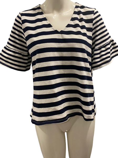 SUNDAY IN BROOKLYN $90.00 Navy & White Striped Top with Bell Sleeves Size Medium M