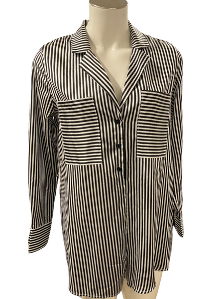 BLONDE NWT $69.00 Black & White Satin Pinstripe Shorts Romper Long Sleeve & Matching Belt (not shown) Size Small S