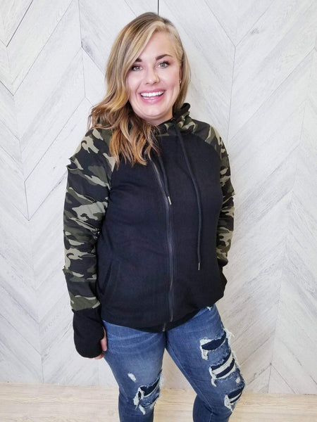 NWT DEMC CLOTHING $89.00 Black & Green Camo Print Assymetrical Zip Hoodie Sweater with Distressed Sleeves {Multiple Sizes Available}