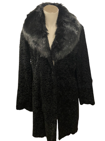 WHITE HOUSE BLACK MARKET $220.00 Black Faux Fur Modacrylic Blend Winter Dress Coat Size Large (Will fit XL)