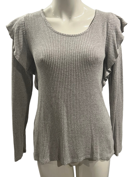 LUCKY BRAND Grey Ribbed Stretch Knit LS Top with Ruffle Details Medium M