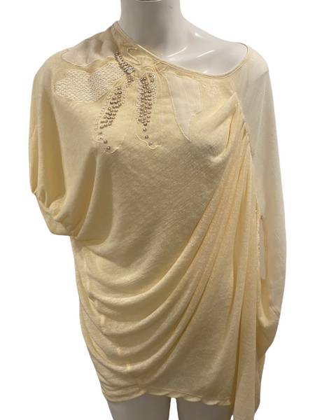 ANGELS NEVER DIE $110.00 Light Yellow Polyester Blend Knit Loose Top Size 0 Plus (Fits like Large)
