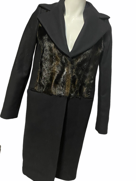 Zara Black Trench Coat w/ Shiny, Faux Fur Patch XS