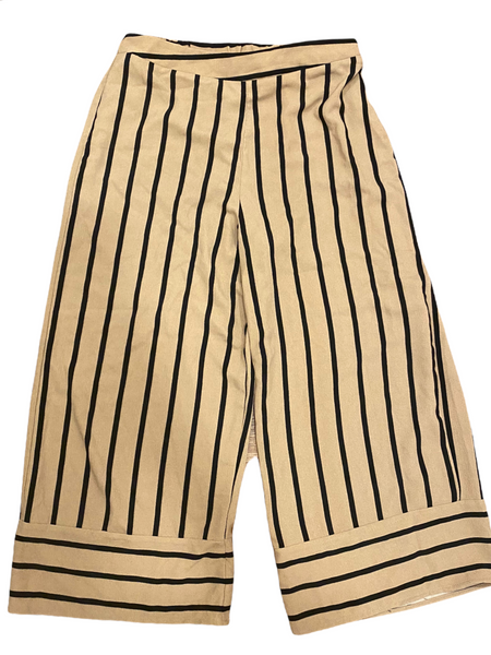 E&M Beige & Black Pinstripe Palazzo Style Wide Leg Cropped Pants Size Medium Approximately