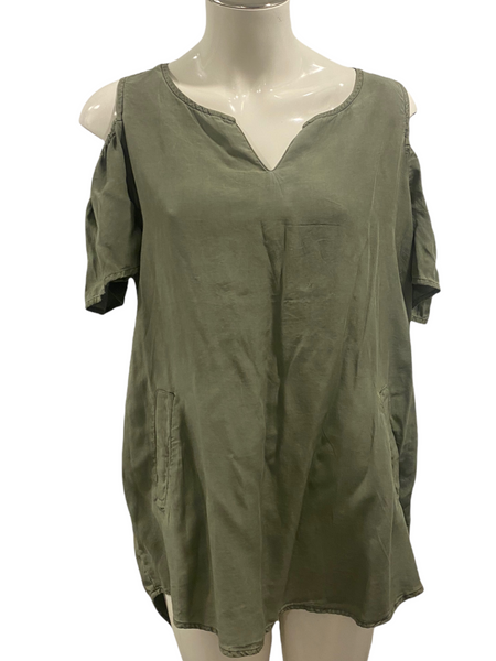 STANDARD GRACE BY ANTHROPOLOGIE Long Fit Sage Green Soft, Cold Shoulder Tunic Top Size Large