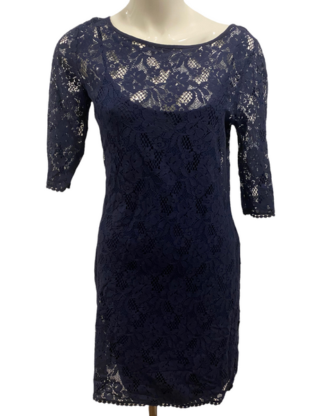THREE DOTS $150.00 Cotton/Nylon Navy Blue 2-Piece Lace LS Stretch Dress Size Medium M