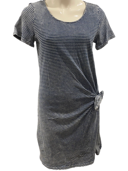 JANE AND DELANCEY Denim Blue Distressed Striped Cotton Knot Side SS Dress Size Small S