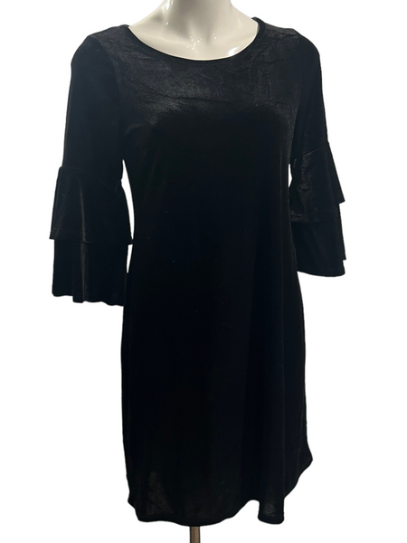 GREEN ENVELOPE Black Velvet Tiered Bell Sleeve Midi Dress Size Small S