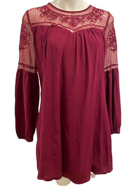 BLUE RAIN $110.00 Burgundy Red Lace Boho Style Dress / Tunic Size Small S