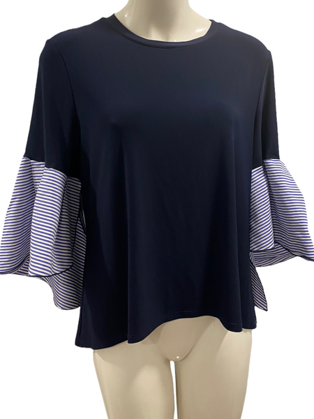 JOSEPH RIBKOFF Navy Blue Stretch Top with Ruffle Flare Sleeves Size 14 (Large/XL)