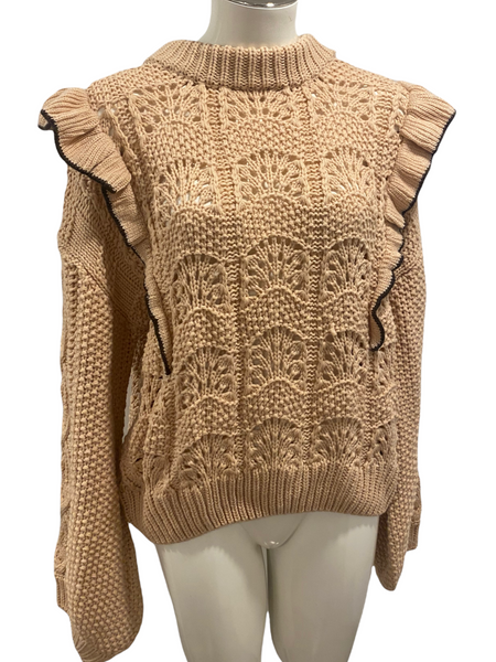 EN SAISON $120.00 Beige Knit Detailed Sweater with Ruffles Size Medium M