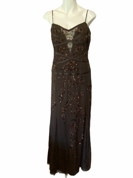 FRANK LYMAN Full Length, Brown Beaded Gown with Deep V Mesh Chest Insert Size 12 Large L