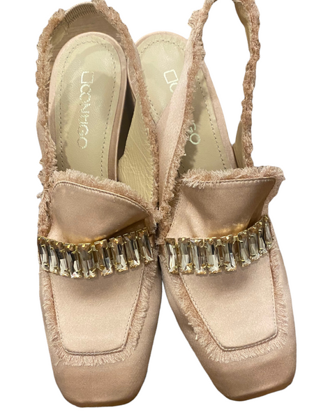 CONTIGO $150.00 Pink Satin Square Toe Rhinestone Slingback Shoes with Fringe Edging Size 6