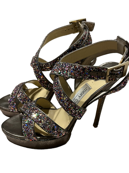 JIMMY CHOO $1075.00 Coarse Glitter Fab Multi Vamp Heels in Size 36.5