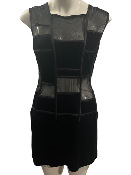 J. KAUR COLLECTION by BARKETTI Black Velvet Mini Dress with Mesh Cutouts Size 6 (Medium)