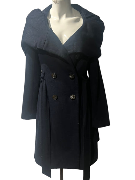 ELEVENSES by ANTHROPOLOGIE Navy Blue Trench Coat with Wrap Shawl Detail Size 6 (Fits as a Small)