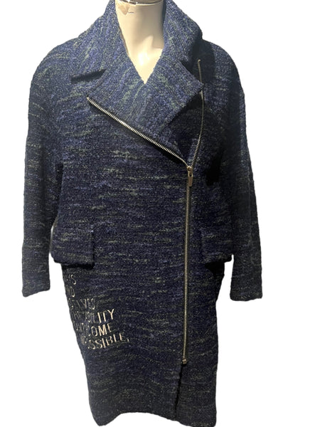 BASIC HOUSE Blue Tweed Oversized Long Fit Jacket with Quotation Embroidery Size XS (Fits like Medium/Large)