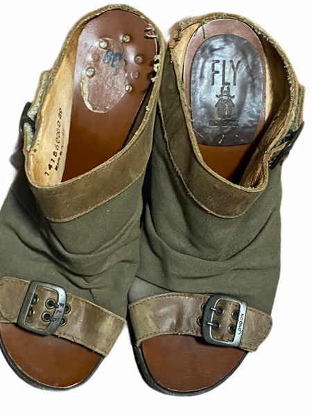 Fly London Green, Distressed Stacked Heel Canvas Sandals 39 (9)