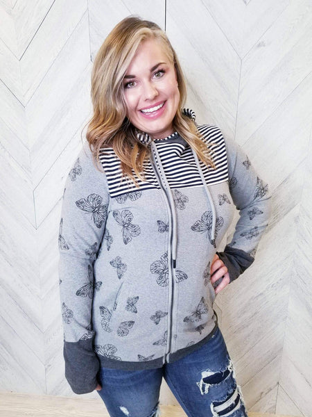 NWT DEMC CLOTHING $89.00 Grey & Stripe Full Zip Butterfly Hoodie Sweater {Multiple Sizes Available}